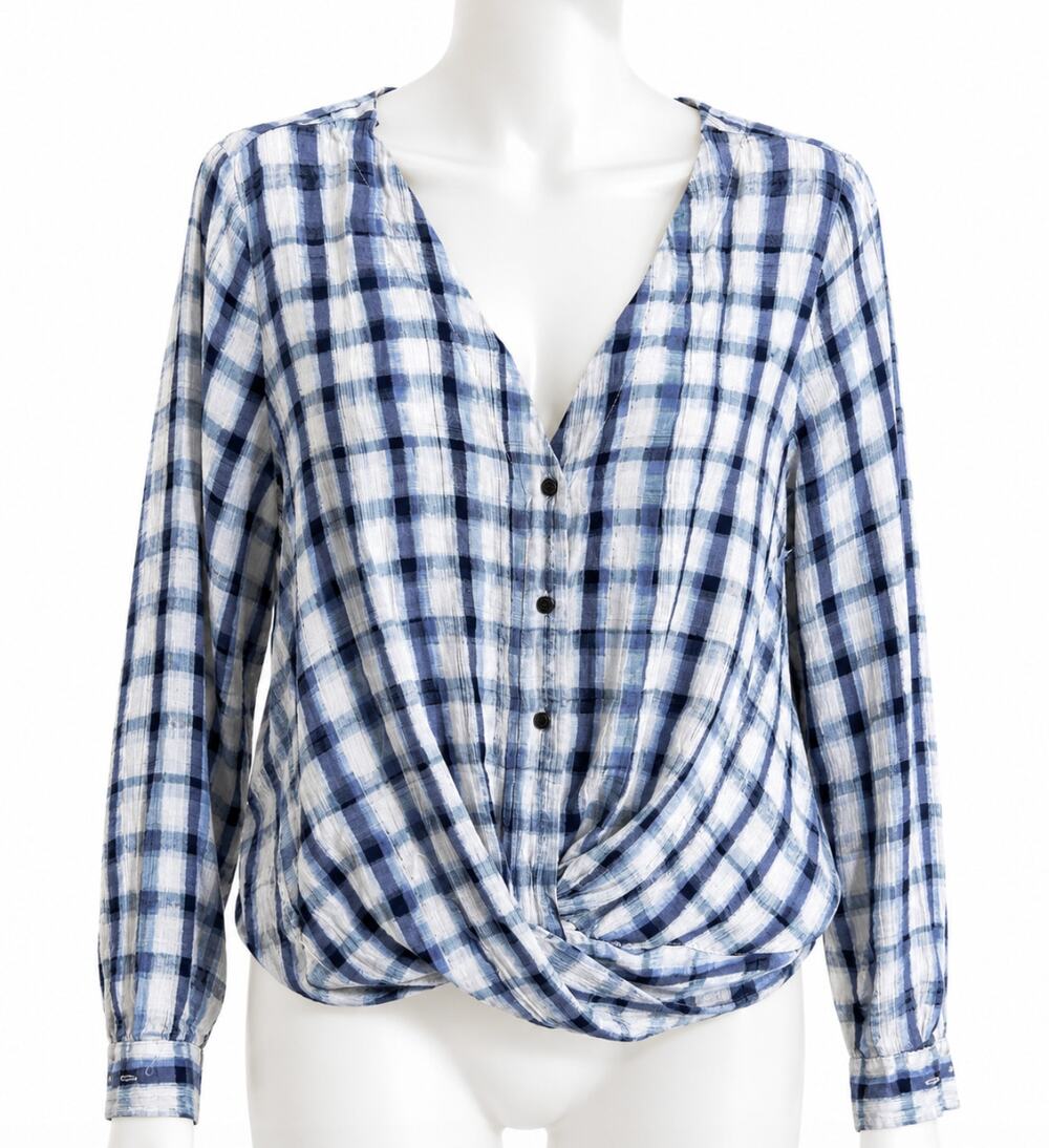 a new approach Shirt Size L Blue Plaid Lightweight Preppy Casual STAIN ON SLEEVE